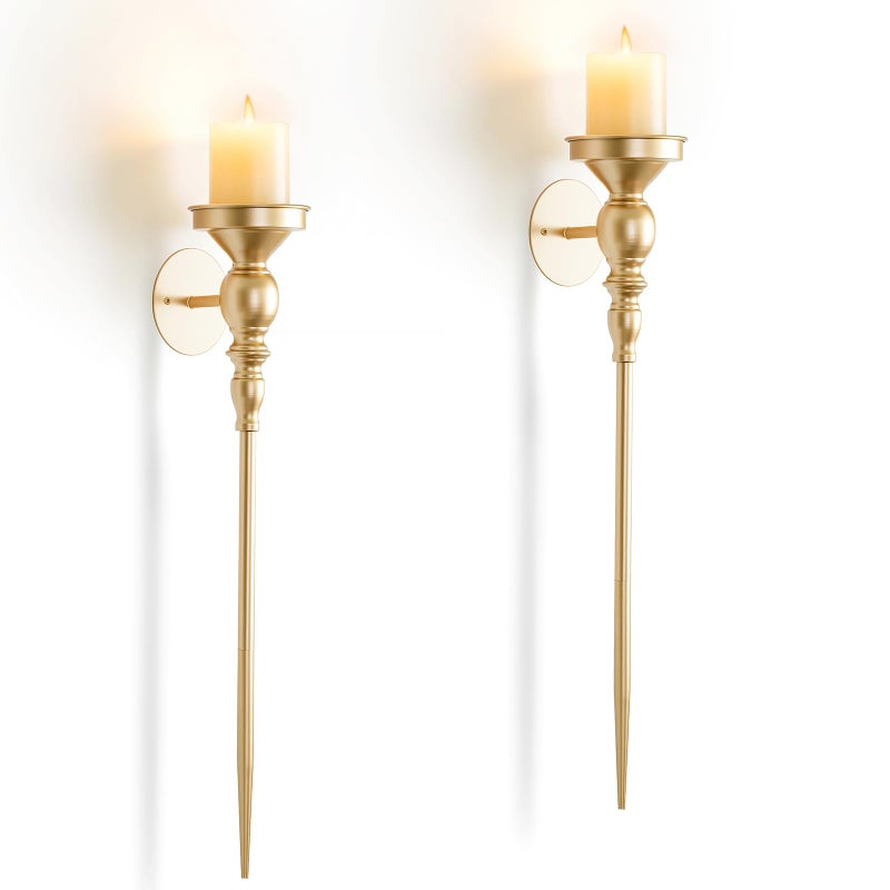 Walasis Candle Sconces Gold Wall Decor: Vintage Metal Art Decoration Wall Candle Holder for Pillar Candles - 24.4 Inch Long Candle Sconces Set of 2 for Fireplace Hallway Beside TV - Image 1