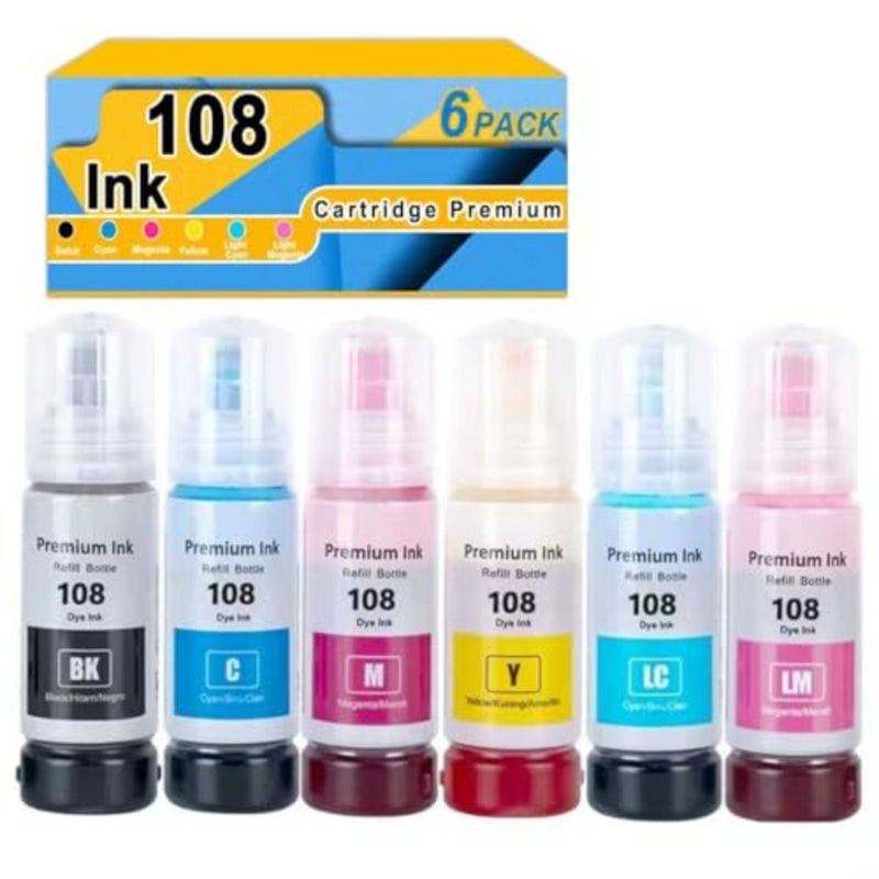 6 Packs 108 Ink Refill Bottles Multipack 108 Compatible for EPSON 108 Bottled Ink Work with EcoTank L8050, L18050, L1800 Printer 6-Color - Image 1