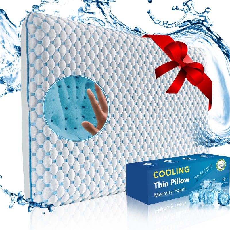 Iwacool Cooling Gel Flat Pillow for Stomach and Back Sleepers, Ultra Thin Pillow for Sleeping, Slim Stomach Sleeping Shoulder Neck Pain Relief, Low Profile Memory Foam with Washable Cover 2.75-inches Height - Image 1