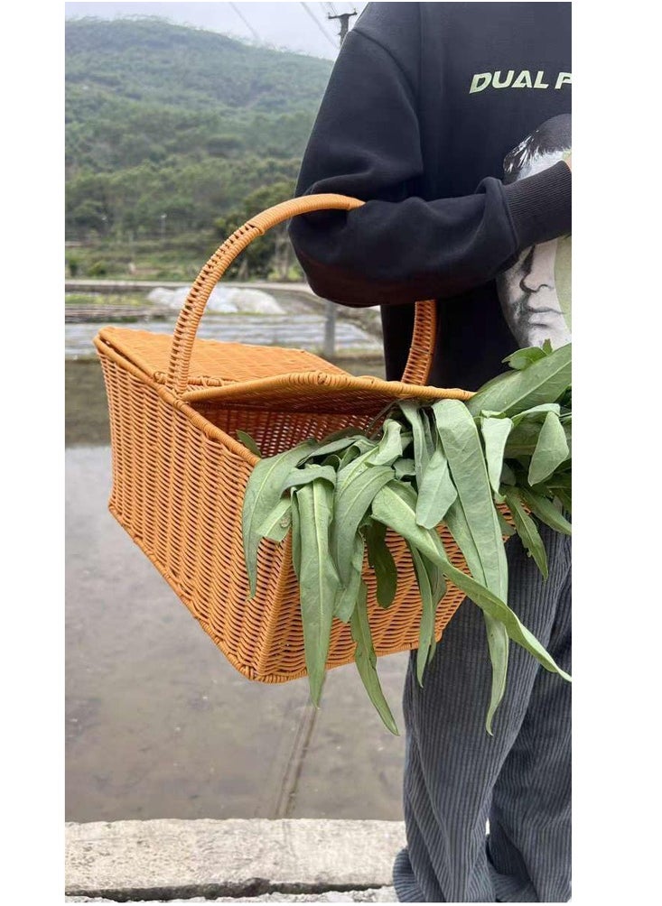 HOME TASTE TOMSUN Square Double Lidded Wicker Picnic Basket Rattan Picnic Basket for Holiday Camping, Home Decor, and Outdoor Use  - Image 3