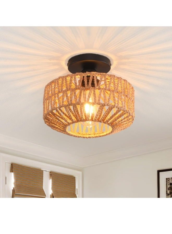 GEADI Rattan Light Fixtures Ceiling Mount Boho Ceiling Light Fixture With Dimmable Led Bulb Mini Hand Woven Rattan Chandelier Light Fixtures Ceiling For Bedroom Kitchen Entryway Living Room Hallway - Image 1