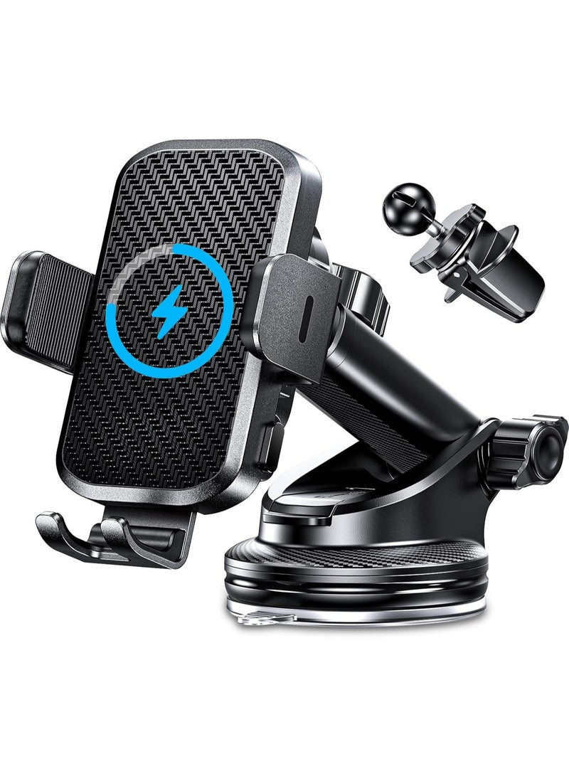 15W Wireless Car Charger with Auto-Clamp Phone Holder – Fast Charging Mount for Windshield or Air Vent – Compatible with iPhone, Samsung Galaxy, Google & More