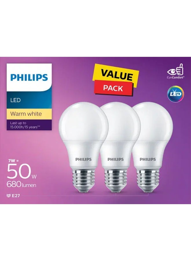 Philips 7W - Philips Long Life LED Bulb Designed for the comfort of your eyes frosted finish-3 PCS in one box  7W-E27-CCT 3000K-230V-3CT- - Image 1