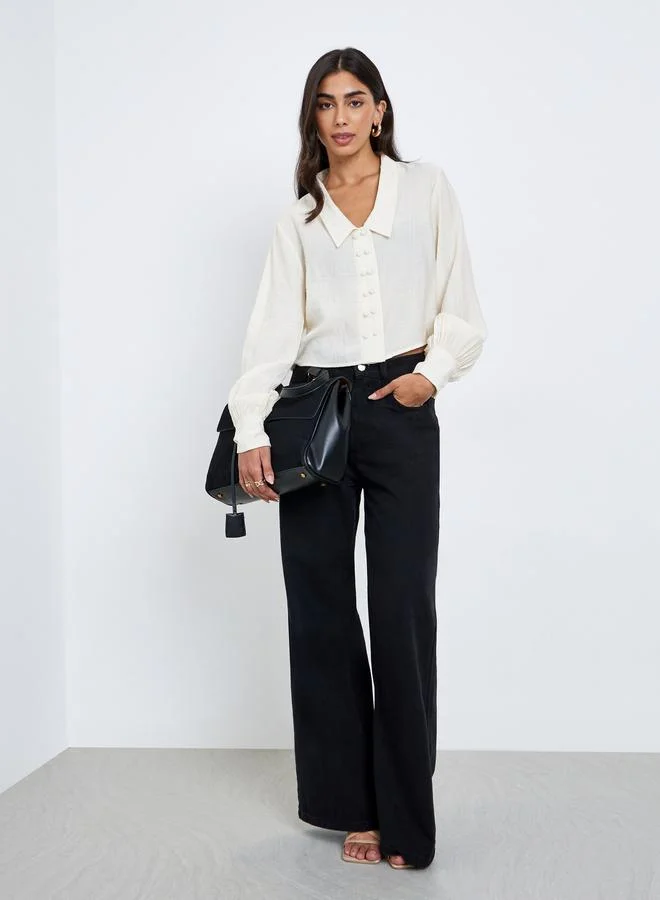 Styli Cream Crop Shirt with Double Button Placket