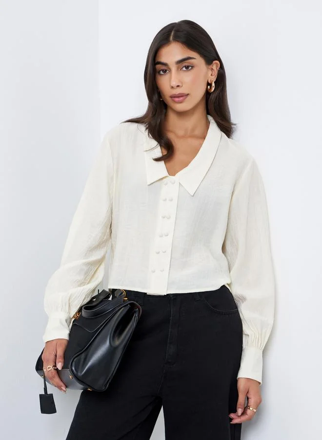 Styli Cream Crop Shirt with Double Button Placket