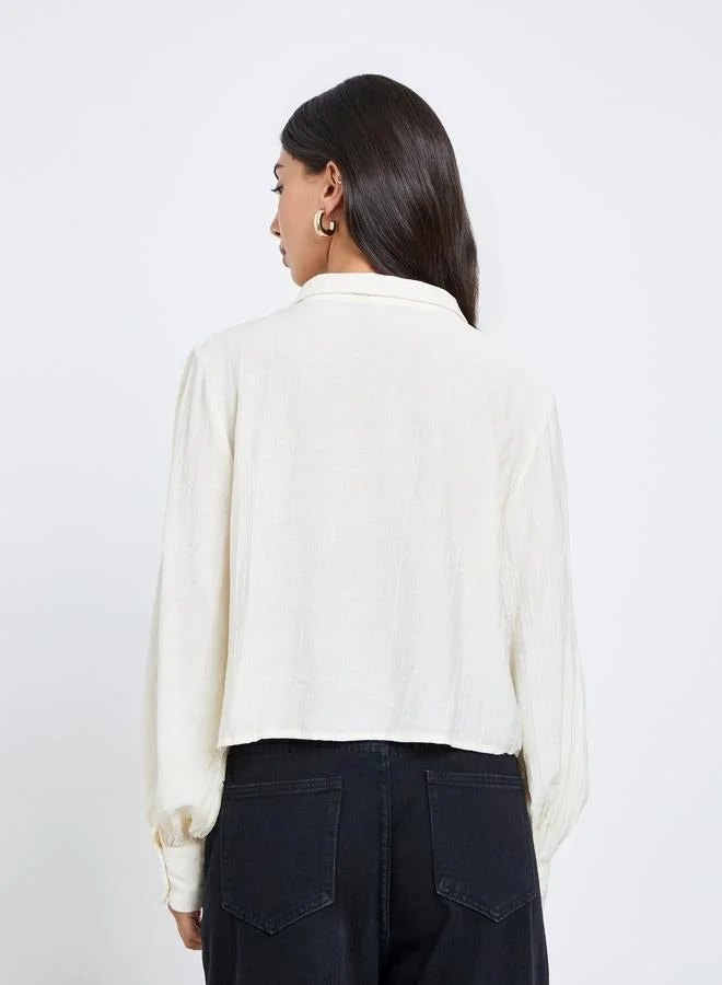 Styli Cream Crop Shirt with Double Button Placket