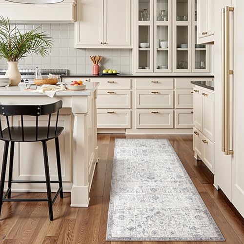 jinchan Kalen Runner Rug 2x6 Washable Hallway Rug Vintage Indoor Thin Retro Floor Cover Distressed Gray Floral Country Lightweight Non Slip Carpet for Entryway Bathroom Bedroom Living Room Grey - Image 3