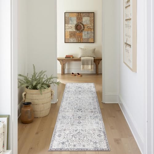 jinchan Kalen Runner Rug 2x6 Washable Hallway Rug Vintage Indoor Thin Retro Floor Cover Distressed Gray Floral Country Lightweight Non Slip Carpet for Entryway Bathroom Bedroom Living Room Grey - Image 1
