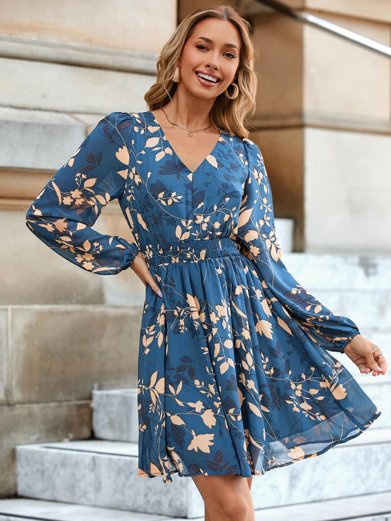 Simplee Womens Floral Mini Dress - Long Sleeve Casual V Neck Chiffon Modest Boho Flowy Fall Wedding Guest Dresses,Grey Blue XL - Image 2
