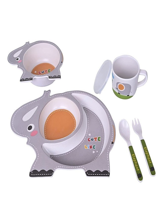 TORIOX Baby Tableware Kit, Food Grade Resin Baby Plate & Bowl with Cup Spoon, Kids Feeding Fiber Cutlery Set of 5pcs Dishwasher Safe Baby Breakfast/Dinner/Lunch Tableware (Multi Color) (Elephant) - Image 2