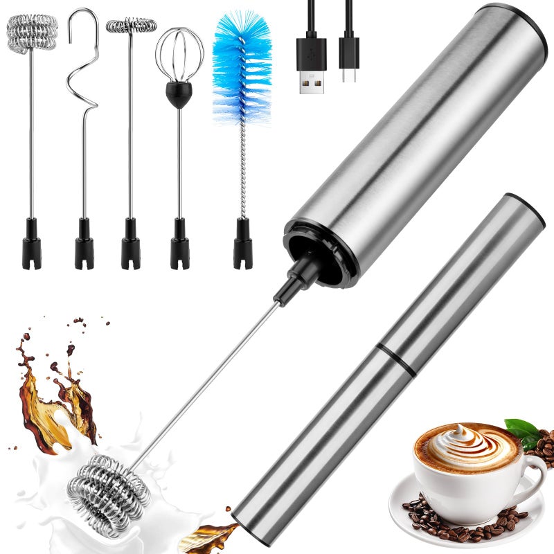 Milk Frother Wand for Coffee Coffee Foamer Drink MixerHandheld Frother Rechargeable Electric Whisk with 5 Heads 2 Speeds for Latte Cappuccino Hot Chocolate EggHome and Travel Set Silvery