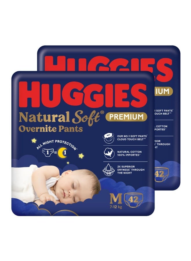 Huggies Natural Soft Overnite Diaper Pants| Premium Pant Style Baby Diapers Medium Size (M Size | 7-12 Kgs), 42 count| Keeps baby dry all night with cloud softness all over (Pack of 2) - Image 1