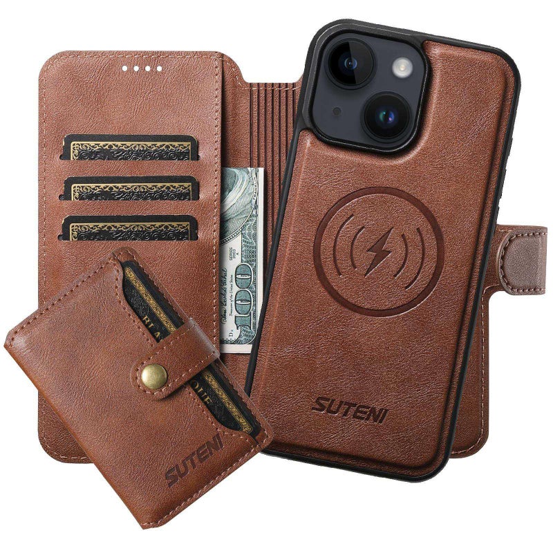 Suteni For Iphone 14 Q05S1 3-In-1 Detachable Wallet Magsafe Leather Phone Case(Brown) - Image 1