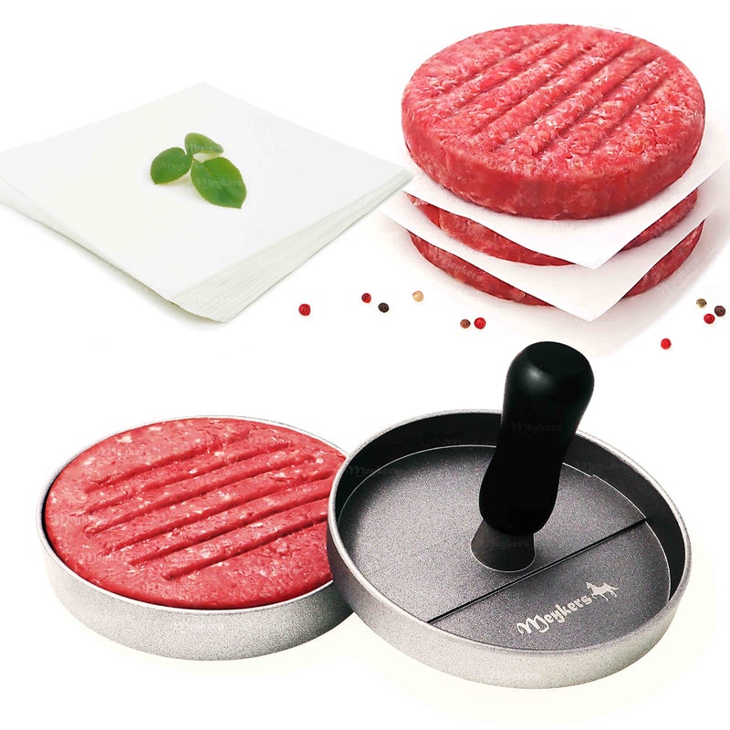 Meykers Burger Press 100 Patty Papers Set  NonStick Hamburger Patty Maker Mold with Free Wax Paper Sheets  for Grill Griddle BBQ Barbecue  BPA Free Dishwasher Safe