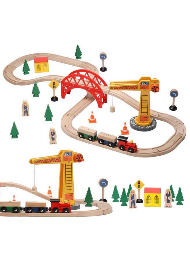 SainSmart Jr. Wooden Train Set For Toddler, 41Pcs Wood Train Track W/Crane Fits Brio, Thomas, Melissa And Doug, Kids Wood Toy Train For Kids Ages 3+  - Image 1