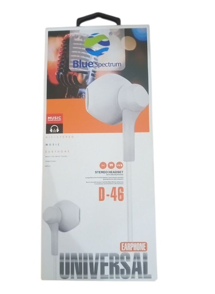 Blue Spectrum D-46 Stereo In-Ear Wired Headphones 3.5mm Jack - White