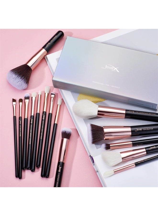 Jessup Makeup Brushes, Labeled Makeup Brush Set Premium Synthetic and Natural Hair Foundation Powder Concealer Eyeshadow Blending 15pcs Brush Kit, Rose Gold/Black T160 - Image 2