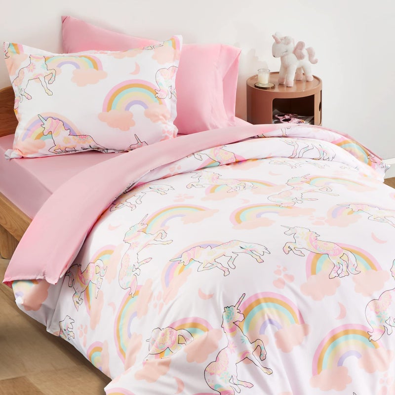SLEEP ZONE Kids Duvet Cover Set Twin Size 2 Pieces Super Soft Cute Comforter Cover with 1 Pillow Sham Easy Care Zipper Closure Pink Unicorn Twin