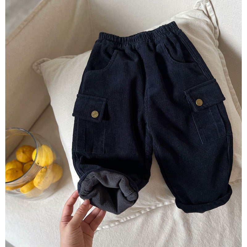 Children'S Trousers 2024 Winter New Boys And Girls Solid Color Thickened Casual Pants Baby'S Pit Crane Pants - Image 1