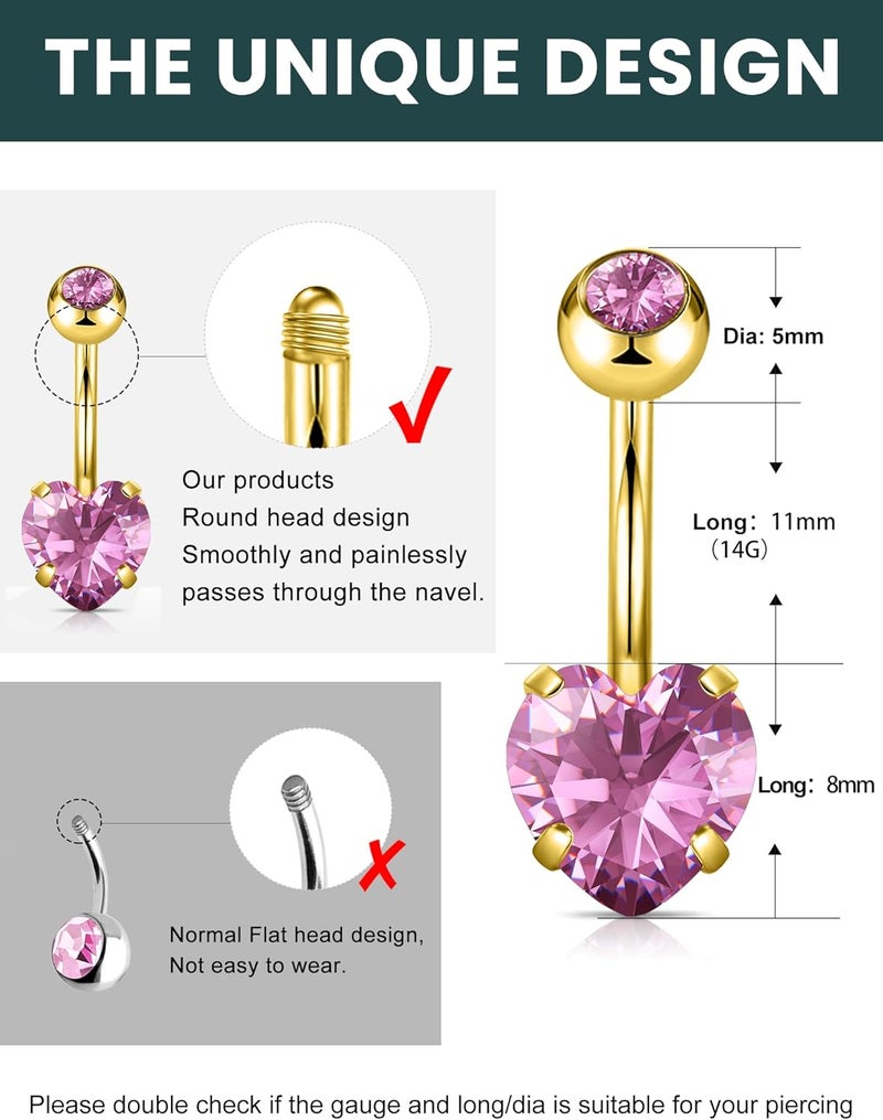 WSSXC 14G Hypoallergenic Surgical Steel Belly Button Ring Cubic Zirconia Belly Button Barbs Body Piercing Set 7Pcs - Image 2