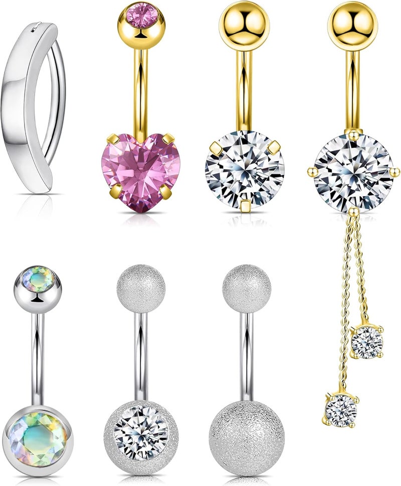 WSSXC 14G Hypoallergenic Surgical Steel Belly Button Ring Cubic Zirconia Belly Button Barbs Body Piercing Set 7Pcs - Image 1