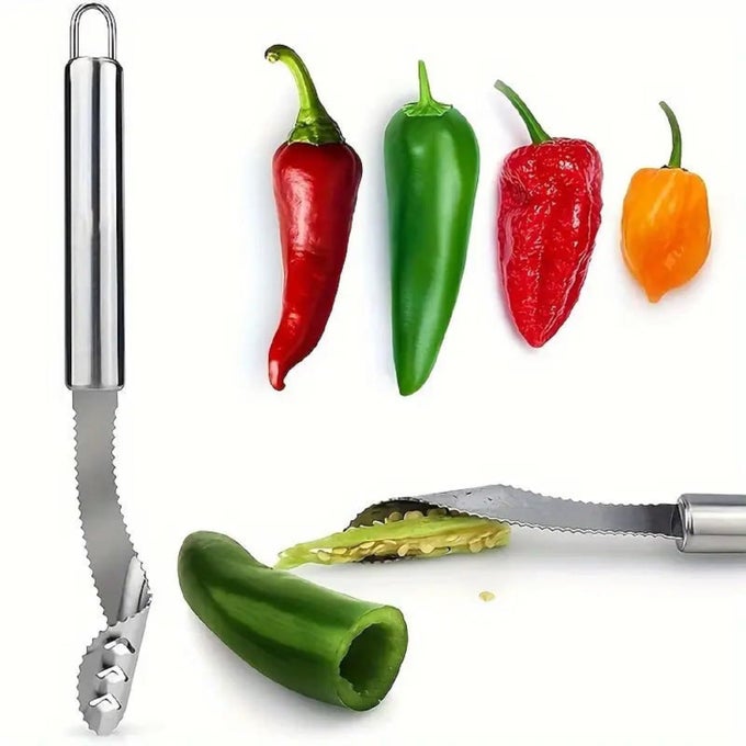 STAINLESS STEEL CHILI PEPPER CORER SERRATED SEED CORE REMOVER MULTIFUNCTIONAL KITCHEN GADGET FOR PEPPERS VEGETABLES FRUITS EASYTOUSE DURABLEPACK OF 1