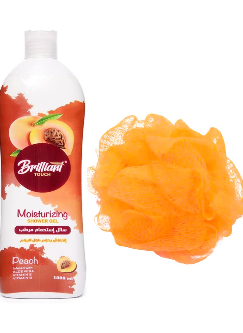 Brilliant Brilliant Touch Shower Gel with Moisturizing and Peach Scent 1000 ml + Bath Loofah Multi Color 