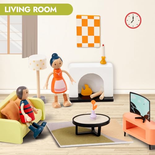 Giant bean 85pcs Wooden Plastic Dollhouse Furniture Set for 6 Rooms Modern Dollhouse Accessories Pretend Play Furniture Toys for Boys Girls Toddlers Kids 3 4 5 6 7 Years and up - Image 5