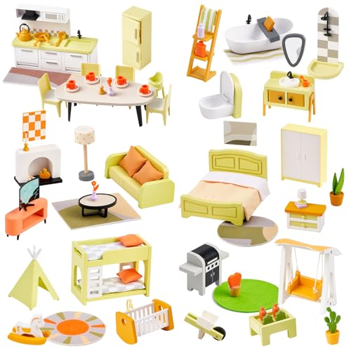 Giant bean 85pcs Wooden Plastic Dollhouse Furniture Set for 6 Rooms Modern Dollhouse Accessories Pretend Play Furniture Toys for Boys Girls Toddlers Kids 3 4 5 6 7 Years and up - Image 1