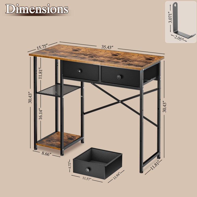 DAOUTIME Small Computer Desk, 36 Inch Writing Desk with Drawers & Storage Shelves, Home Office Writing Desk for Small Spaces, Bedroom, Living Room, Dorm, Rustic Brown - Image 2