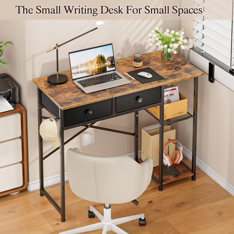 DAOUTIME Small Computer Desk, 36 Inch Writing Desk with Drawers & Storage Shelves, Home Office Writing Desk for Small Spaces, Bedroom, Living Room, Dorm, Rustic Brown - Image 5