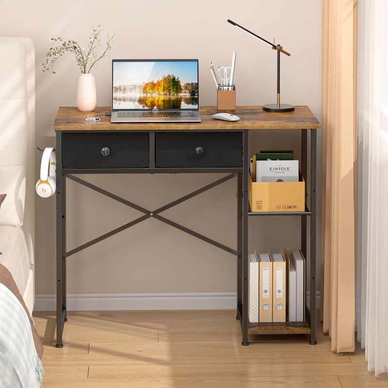 DAOUTIME Small Computer Desk, 36 Inch Writing Desk with Drawers & Storage Shelves, Home Office Writing Desk for Small Spaces, Bedroom, Living Room, Dorm, Rustic Brown - Image 1