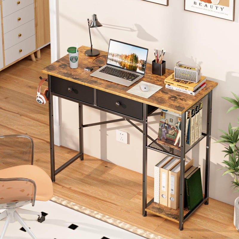 DAOUTIME Small Computer Desk, 36 Inch Writing Desk with Drawers & Storage Shelves, Home Office Writing Desk for Small Spaces, Bedroom, Living Room, Dorm, Rustic Brown - Image 3