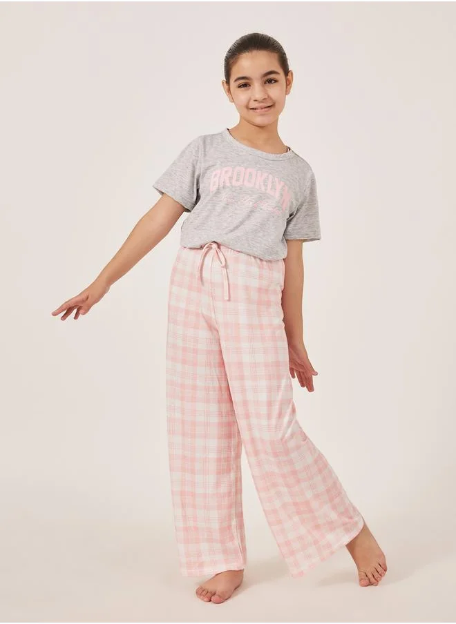 Styli Typography Print Short Sleeve T-Shirt and Checked Pyjama Set