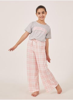 Styli Typography Print Short Sleeve T-Shirt and Checked Pyjama Set  - Image 1