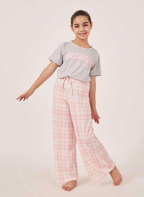 Typography Print Short Sleeve T-Shirt and Checked Pyjama Set