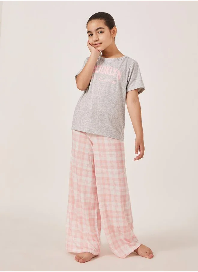 Styli Typography Print Short Sleeve T-Shirt and Checked Pyjama Set