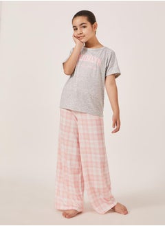 Styli Typography Print Short Sleeve T-Shirt and Checked Pyjama Set  - Image 2