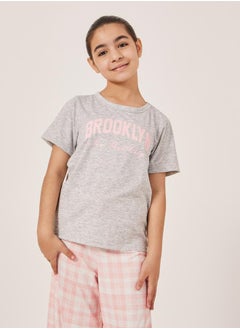 Styli Typography Print Short Sleeve T-Shirt and Checked Pyjama Set  - Image 3