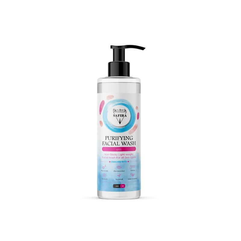 Safira Purifying Facial Wash Gel, Deep Cleansing, for All Skin Types, with Niacinamide and Aloe Vera, 200 ml