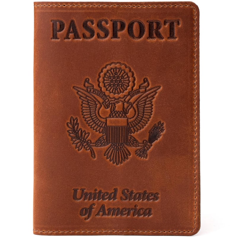 Shvigel US Leather Passport Book Cover - Thin American Travel Passport Holder - Premium International USA Passport Protector Case for Women Men (Light Brown Vintage) - Image 1