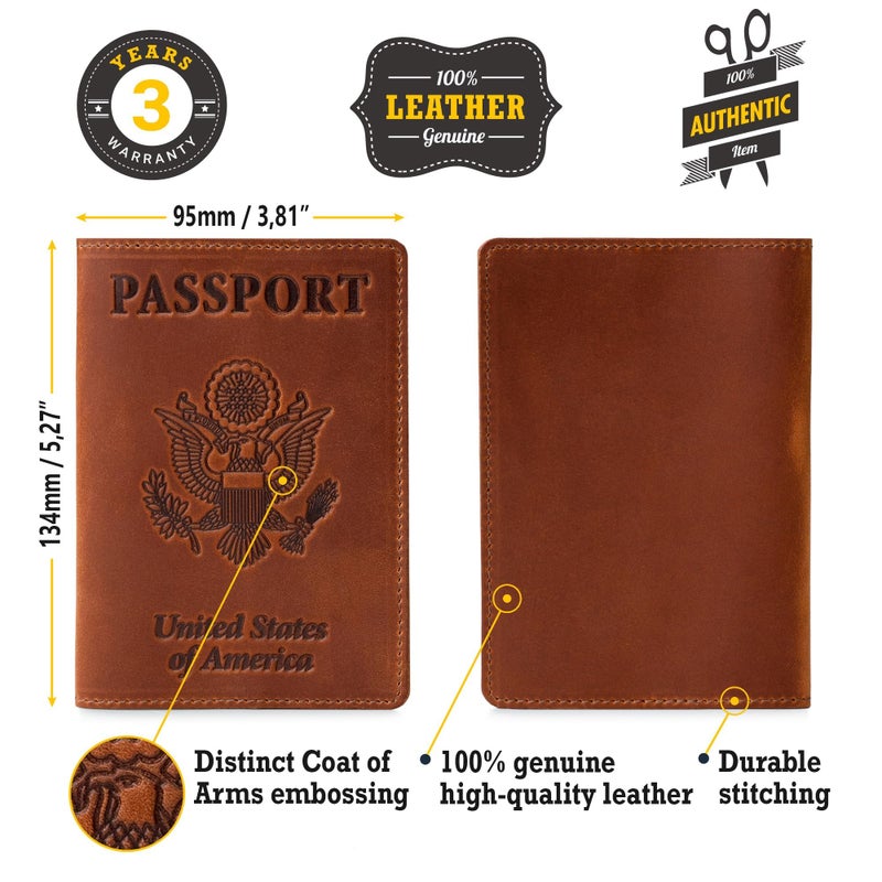 Shvigel US Leather Passport Book Cover - Thin American Travel Passport Holder - Premium International USA Passport Protector Case for Women Men (Light Brown Vintage) - Image 3