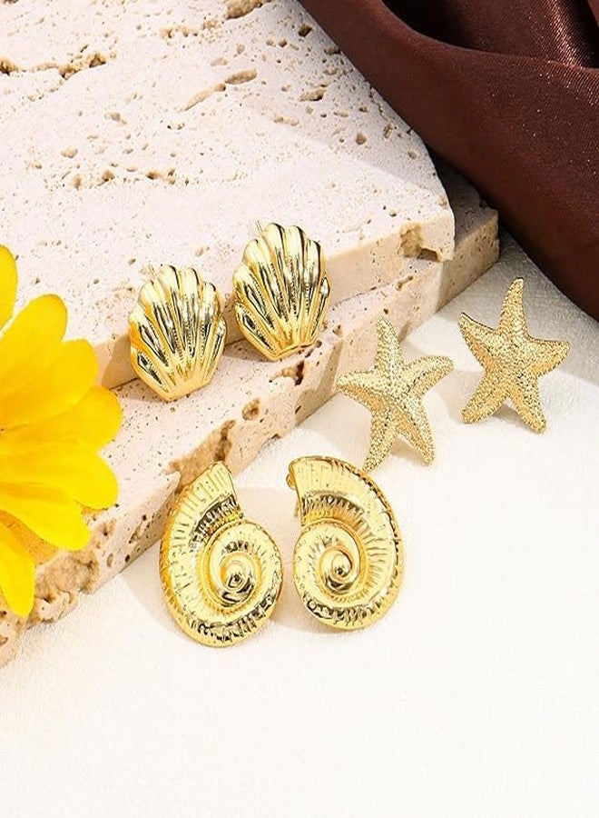 Achoulei 4 Pairs Starfish Earrings Shell Earrings for Women, Seashell Earrings Accessories, 14K Gold Sea Shell Beach Jewelry for Women - Image 2