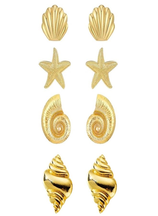 Achoulei 4 Pairs Starfish Earrings Shell Earrings for Women, Seashell Earrings Accessories, 14K Gold Sea Shell Beach Jewelry for Women - Image 1
