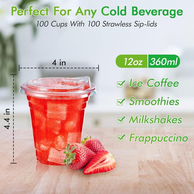 Lilymicky [100 PACK] 12 oz Clear Plastic Cups With Strawless Sip Lids, Disposable Plastic Cups With Sip Through Lids for Ice Coffee, Smoothie, Slurpee, or Any Cold Drinks - Image 2