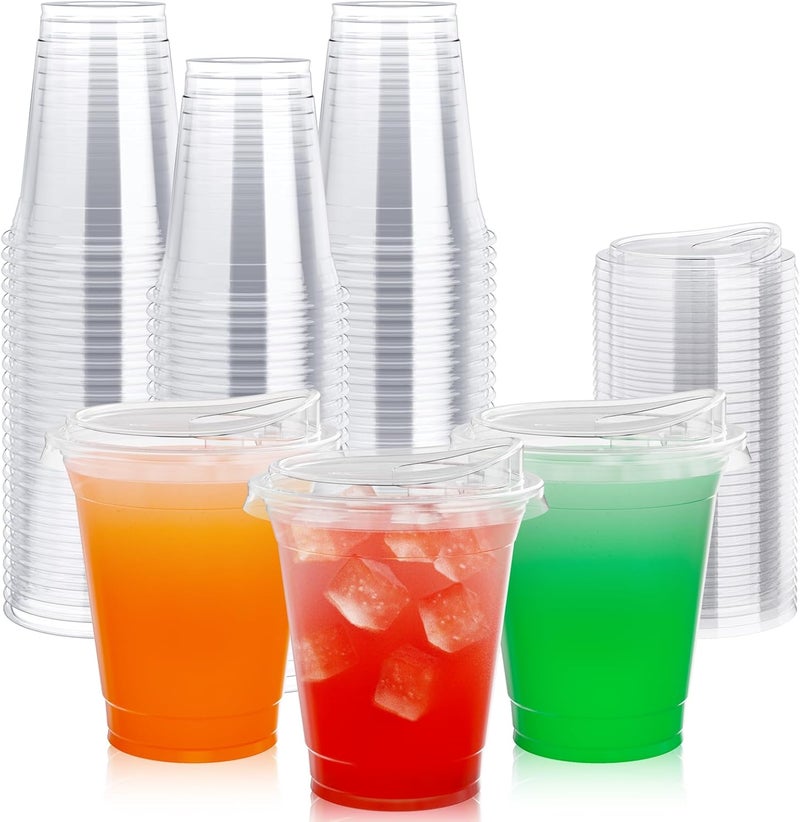Lilymicky [100 PACK] 12 oz Clear Plastic Cups With Strawless Sip Lids, Disposable Plastic Cups With Sip Through Lids for Ice Coffee, Smoothie, Slurpee, or Any Cold Drinks - Image 1