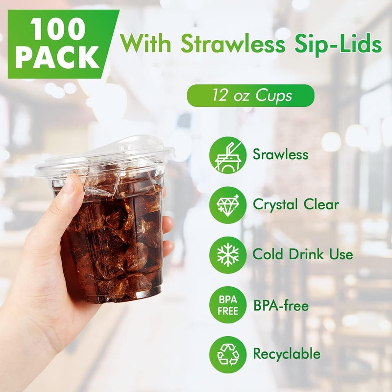 Lilymicky [100 PACK] 12 oz Clear Plastic Cups With Strawless Sip Lids, Disposable Plastic Cups With Sip Through Lids for Ice Coffee, Smoothie, Slurpee, or Any Cold Drinks - Image 4