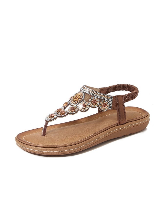 NIBEMINENT Ladies Shoes Wedge Bohemian Sandals Shoes For Women  Round Toe Wedge Thong Sandals Indoor Outdoor Female Shoes  - Image 1