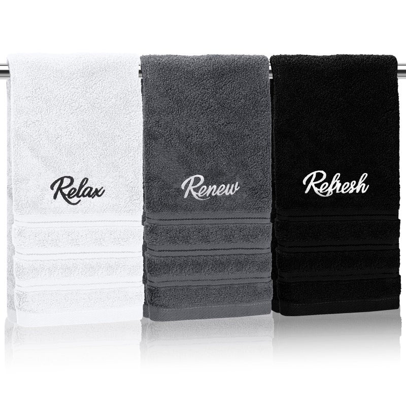 Ddeetodu 3 Pcs Bathroom Towels Decorative Set, Bathroom Decor Towels, Farmhouse Decorative Hand Towel, Embroidered 100% Cotton, Black Decoratives Towel for Bathrooms Boho Decor (Relax Renew Refresh) - Image 1