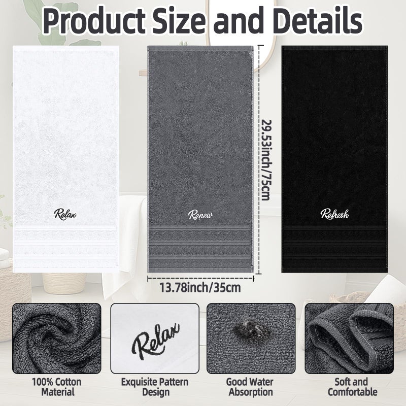 Ddeetodu 3 Pcs Bathroom Towels Decorative Set, Bathroom Decor Towels, Farmhouse Decorative Hand Towel, Embroidered 100% Cotton, Black Decoratives Towel for Bathrooms Boho Decor (Relax Renew Refresh) - Image 2